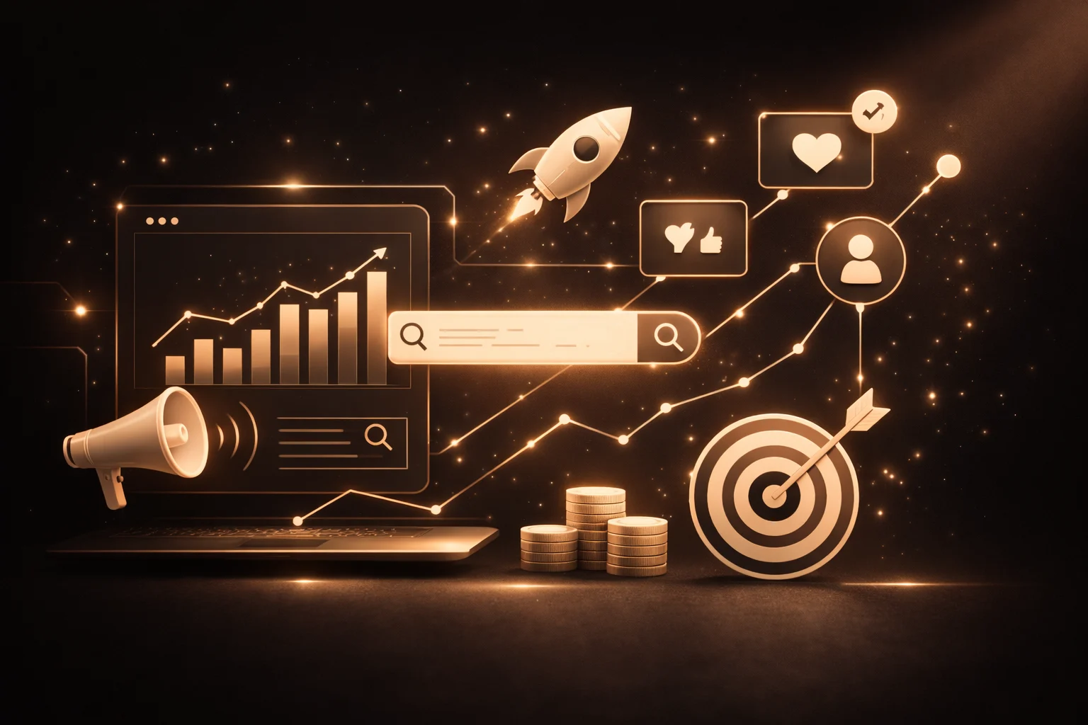 Digital marketing strategy with SEO, analytics growth, social media and online business targeting on black background