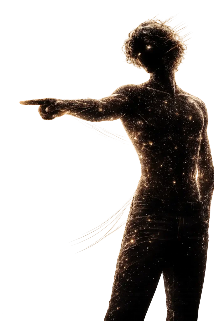 Futuristic digital marketing concept showing glowing human pointing left to guide user action and strategy